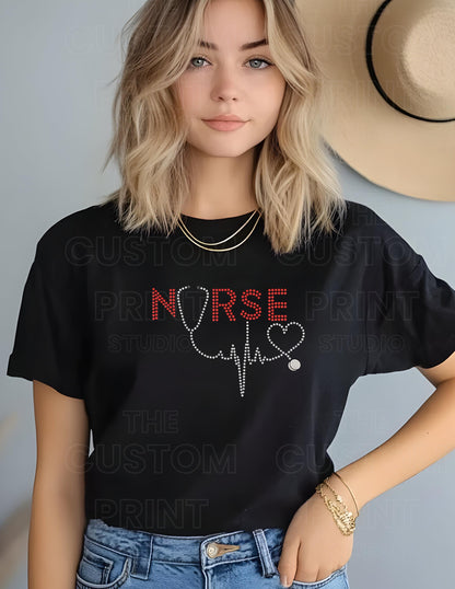 Rhinestone Nurse T-Shirt - Red Rhinestone Tee With Stethoscope Heartbeat Design