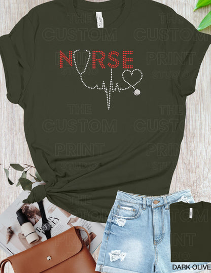 Rhinestone Nurse T-Shirt - Red Rhinestone Tee With Stethoscope Heartbeat Design