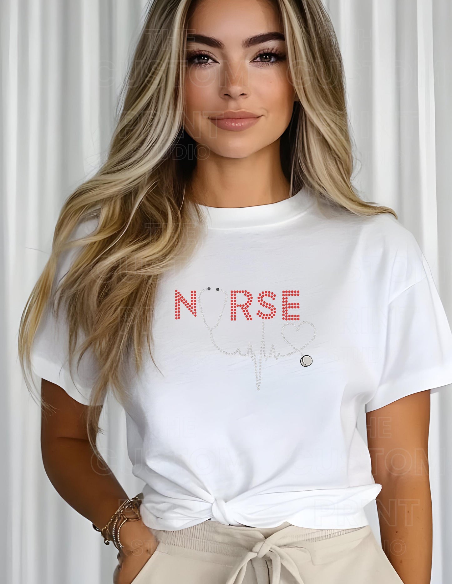 Rhinestone Nurse T-Shirt - Red Rhinestone Tee With Stethoscope Heartbeat Design