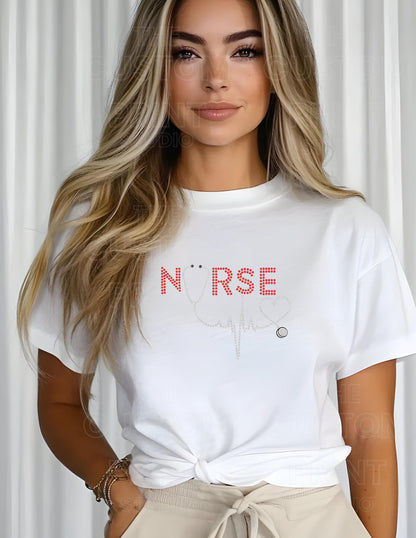 Rhinestone Nurse T-Shirt - Red Rhinestone Tee With Stethoscope Heartbeat Design