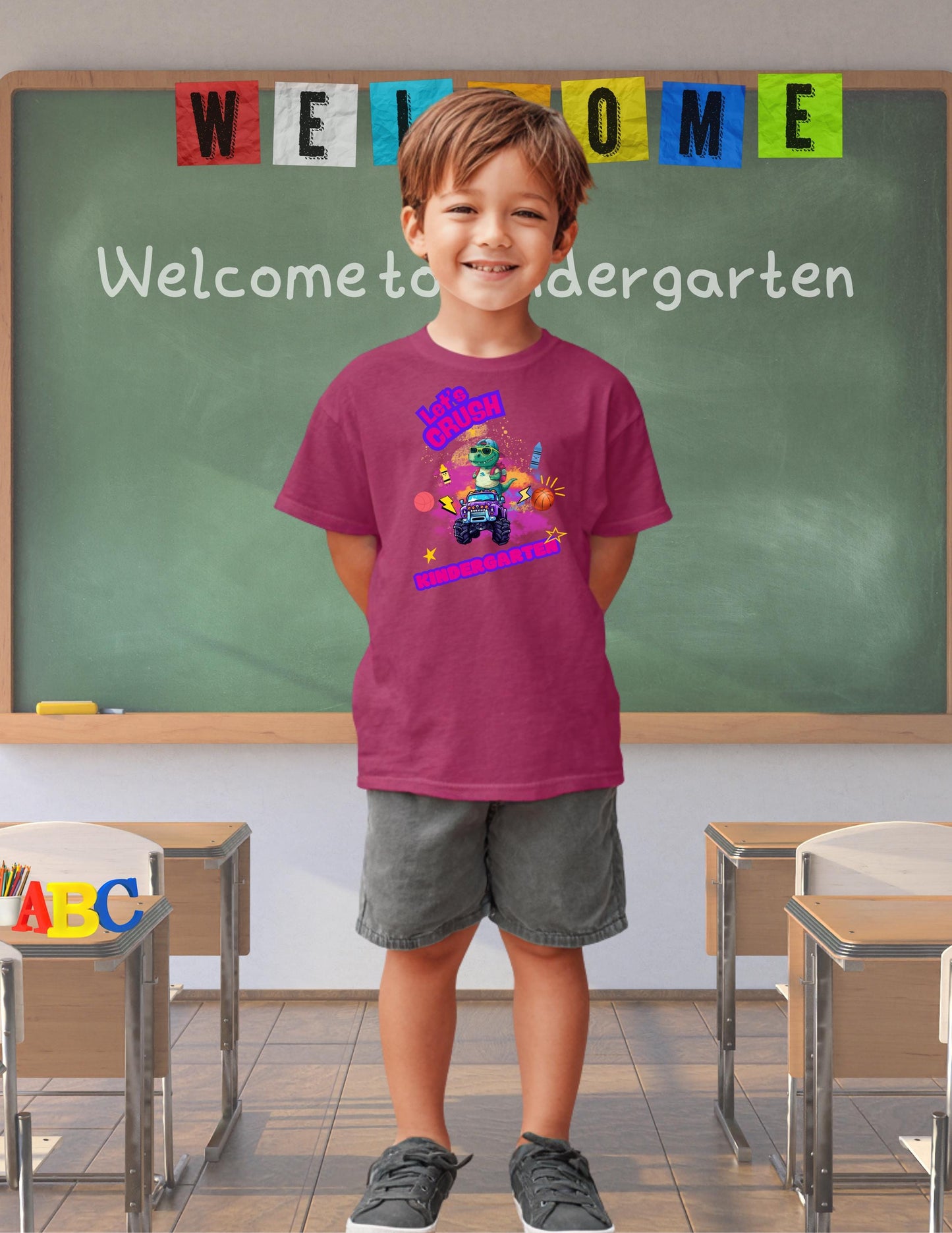 Crush Kindergarten Shirt – Custom Grade Youth T-Shirt | Cute Dino Monster Truck Tee