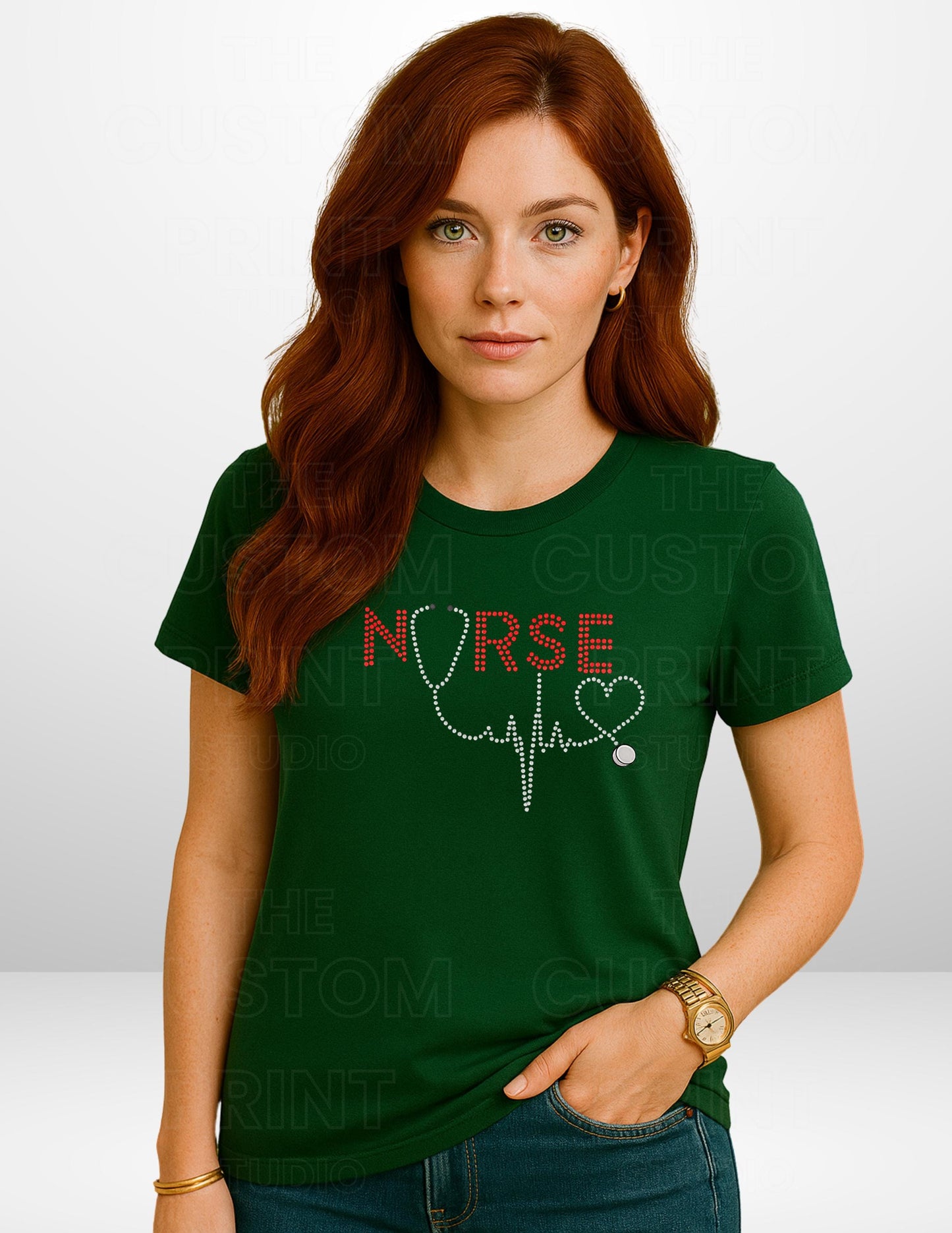Rhinestone Nurse T-Shirt - Red Rhinestone Tee With Stethoscope Heartbeat Design