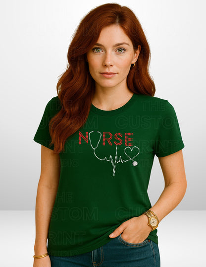 Rhinestone Nurse T-Shirt - Red Rhinestone Tee With Stethoscope Heartbeat Design
