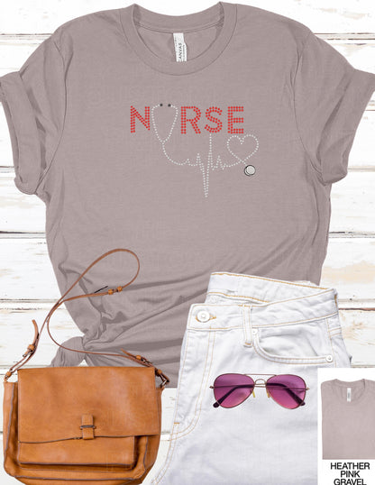 Rhinestone Nurse T-Shirt - Red Rhinestone Tee With Stethoscope Heartbeat Design