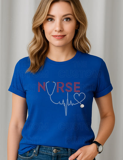 Rhinestone Nurse T-Shirt - Red Rhinestone Tee With Stethoscope Heartbeat Design