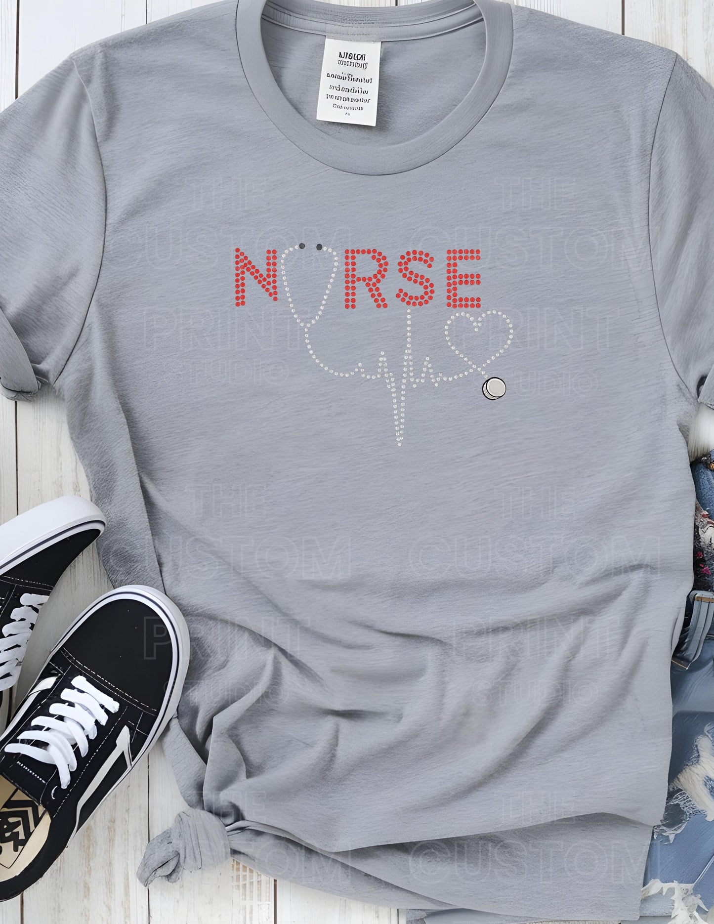 Rhinestone Nurse T-Shirt - Red Rhinestone Tee With Stethoscope Heartbeat Design