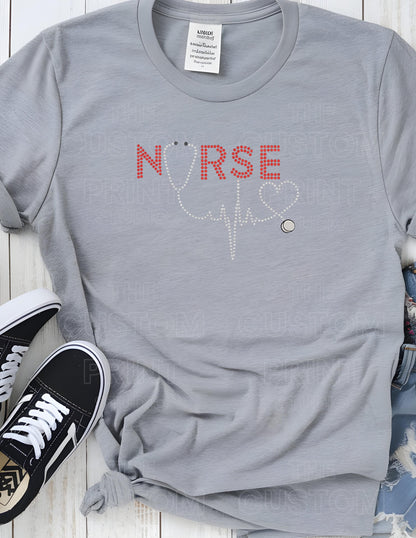 Rhinestone Nurse T-Shirt - Red Rhinestone Tee With Stethoscope Heartbeat Design