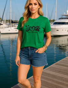 Dog Lover T-Shirt – Peace Love Dogs Paw Print Tee in Bold Neon Colors