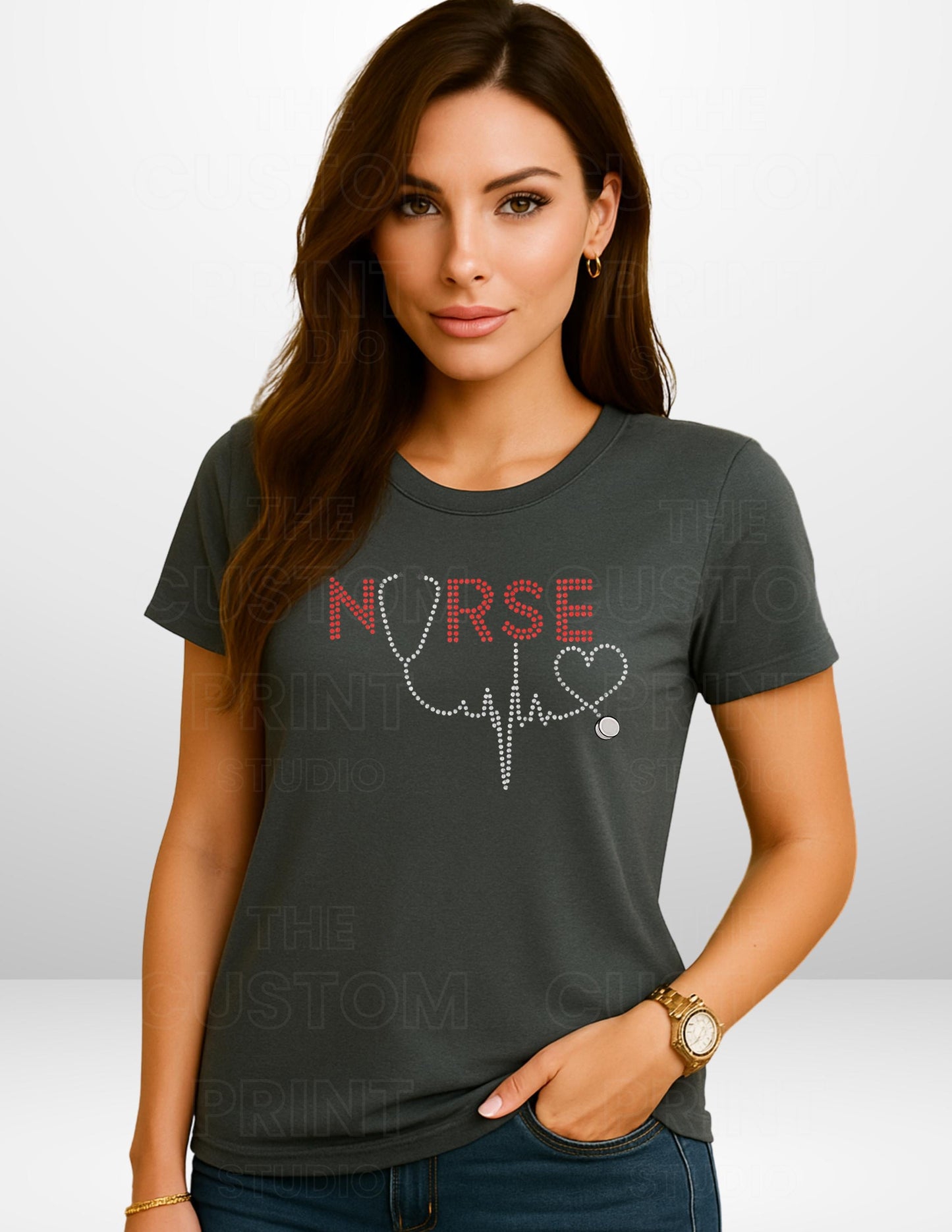 Rhinestone Nurse T-Shirt - Red Rhinestone Tee With Stethoscope Heartbeat Design