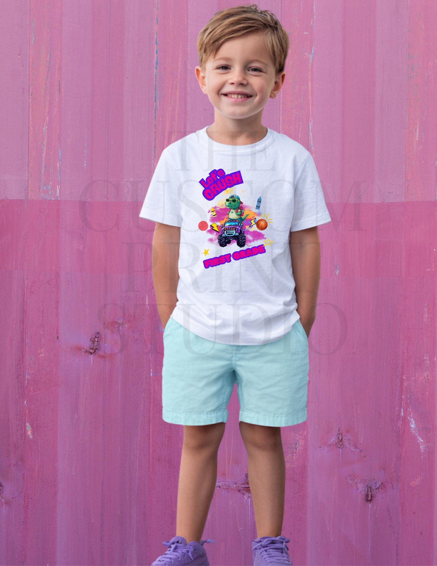 First Grade Dinosaur Tee - Youth Monster Truck Shirt | Soft Cotton Kids Tee