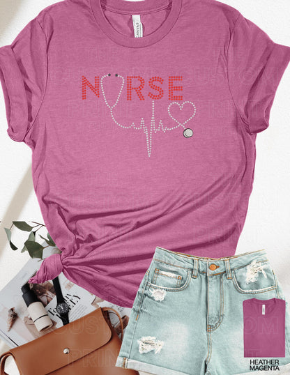 Rhinestone Nurse T-Shirt - Red Rhinestone Tee With Stethoscope Heartbeat Design