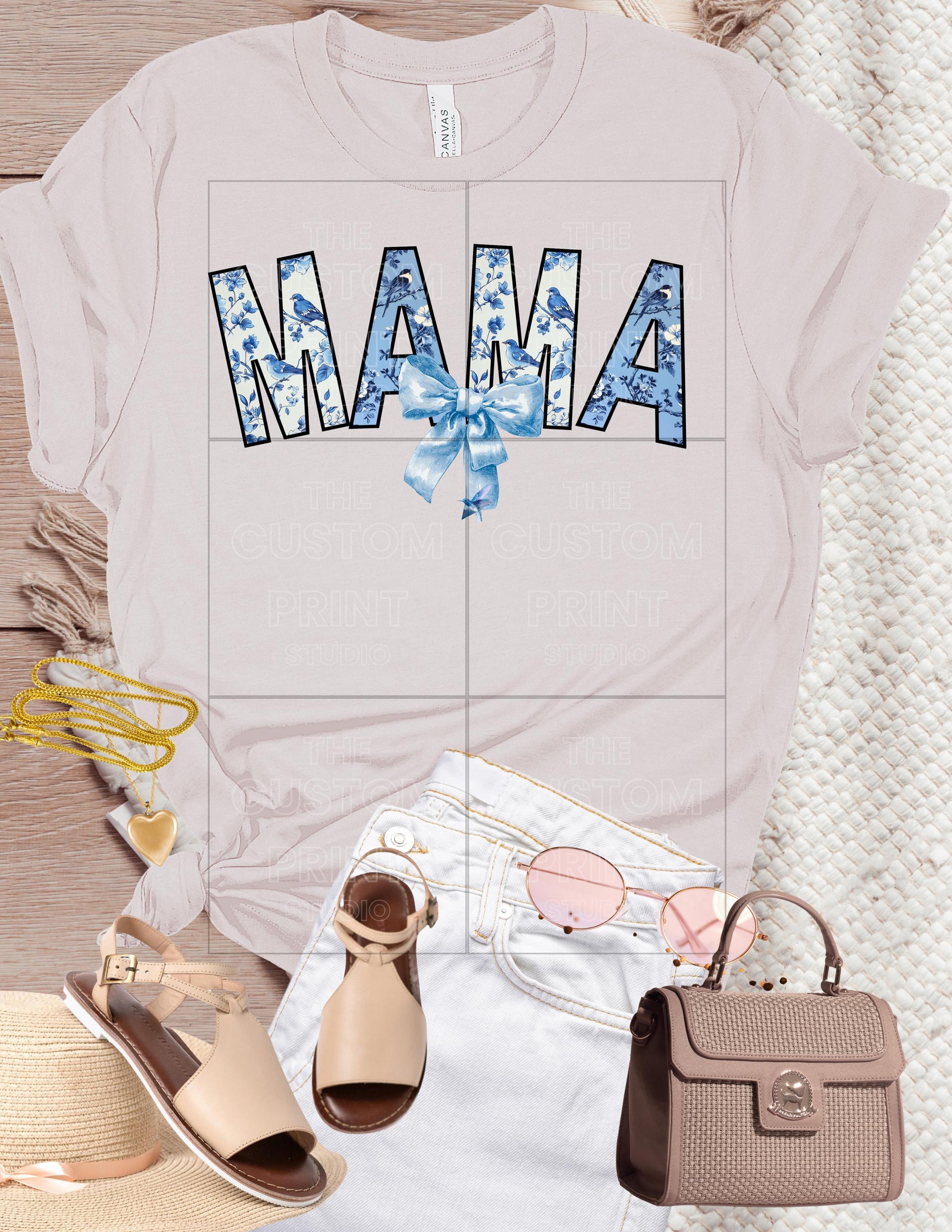 Mama T-Shirt: Blue Toile Design, Trendy Mom GiftValentines Day Gift