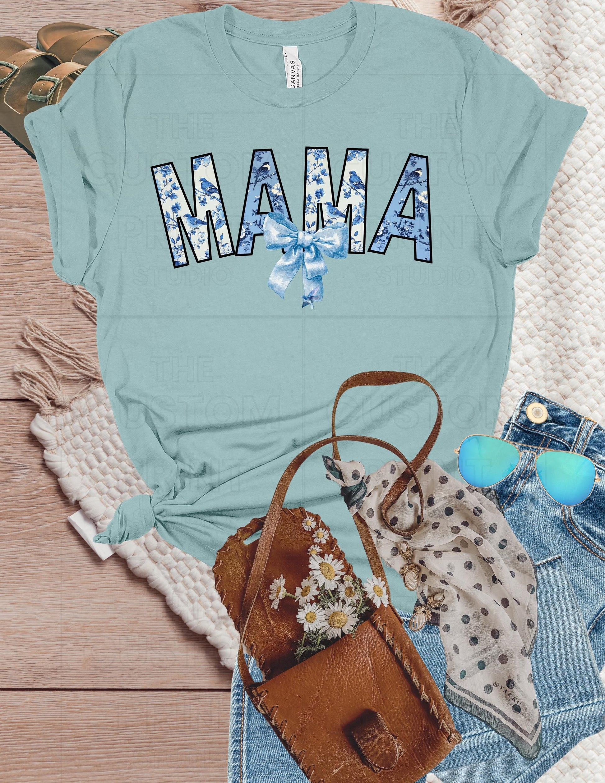 Mama T-Shirt: Blue Toile Design, Trendy Mom GiftValentines Day Gift