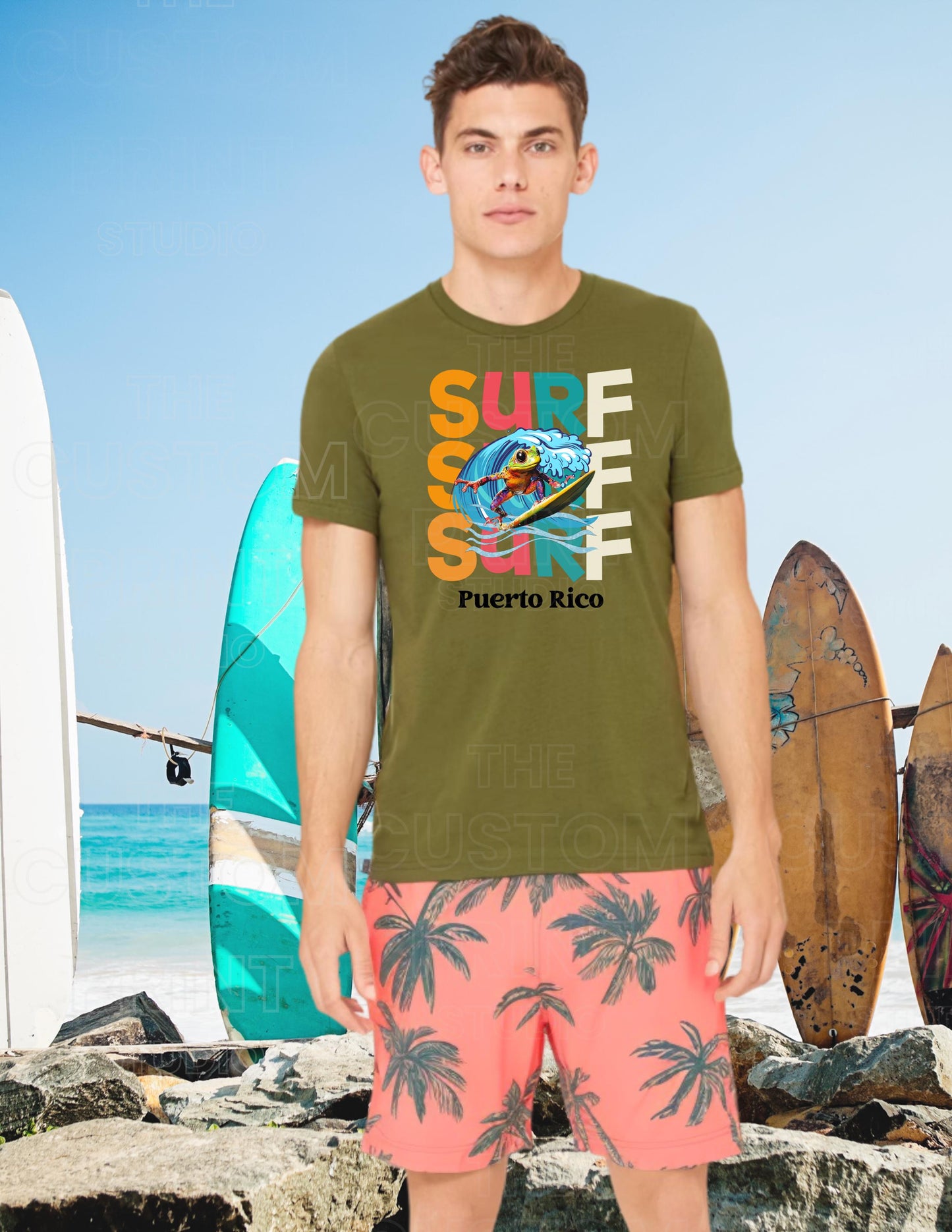 Surfing Coqui Frog T-shirt: Puerto Rico Island Vibes Valentines Day Gift