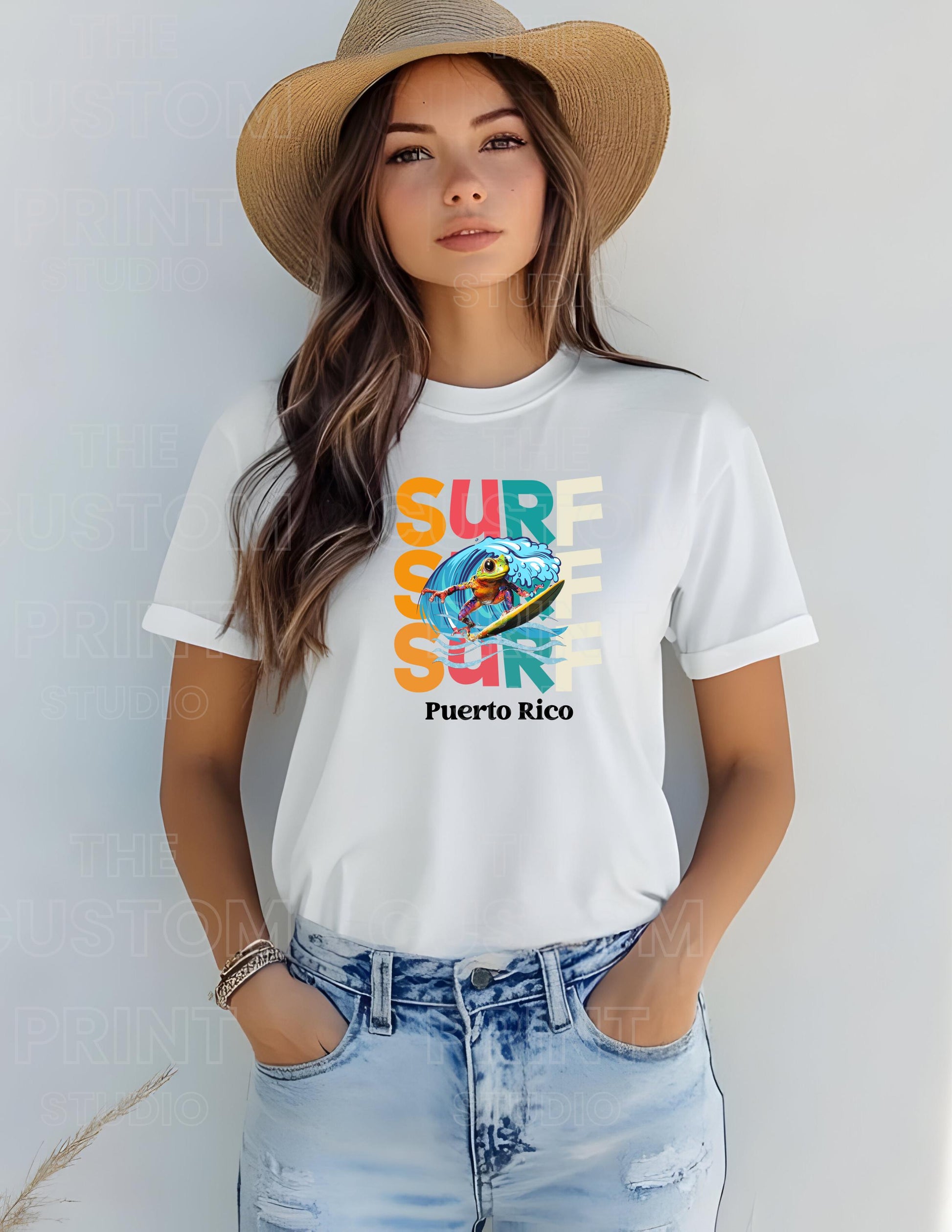 Surfing Coqui Frog T-shirt: Puerto Rico Island Vibes Valentines Day Gift