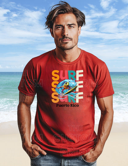 Surfing Coqui Frog T-shirt: Puerto Rico Island Vibes Valentines Day Gift