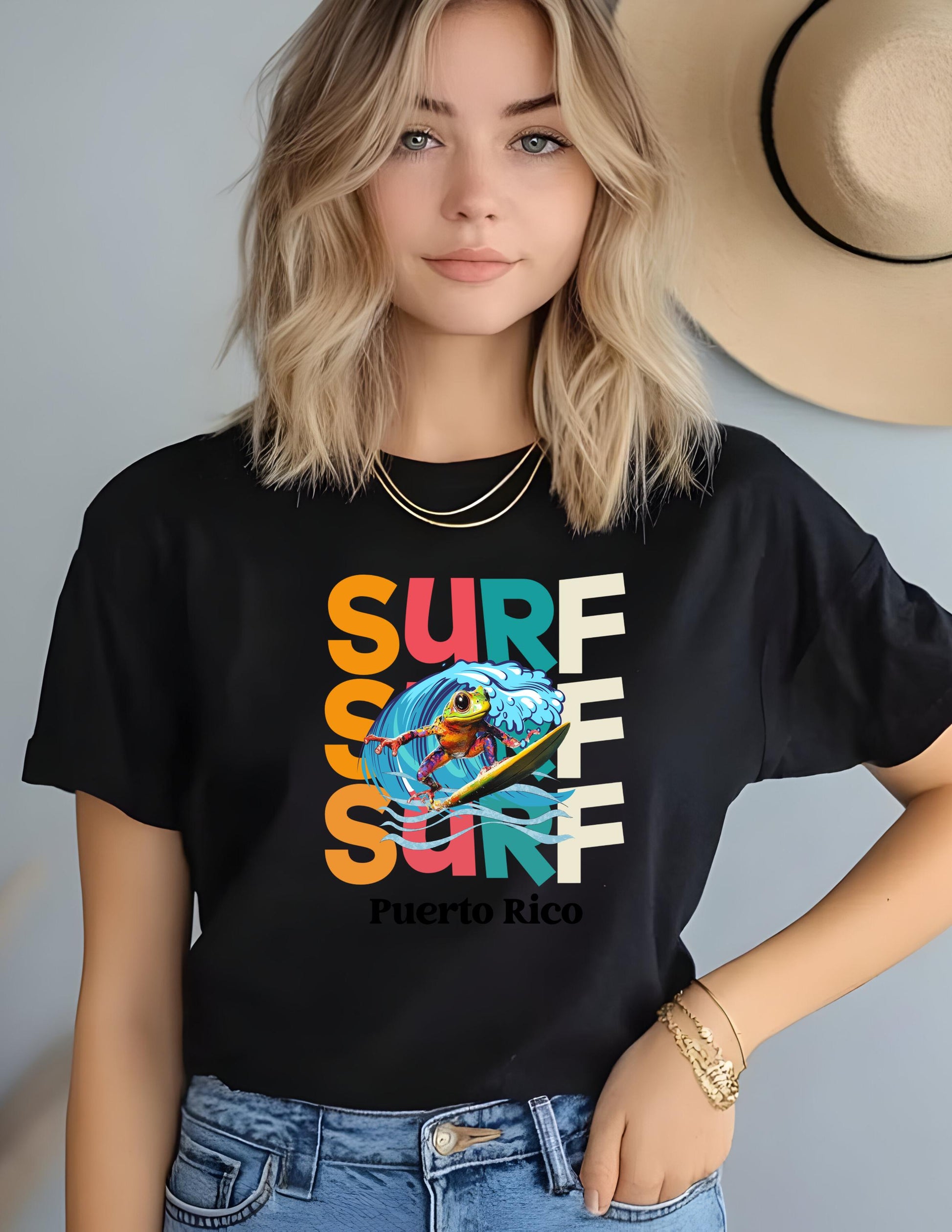 Surfing Coqui Frog T-shirt: Puerto Rico Island Vibes Valentines Day Gift