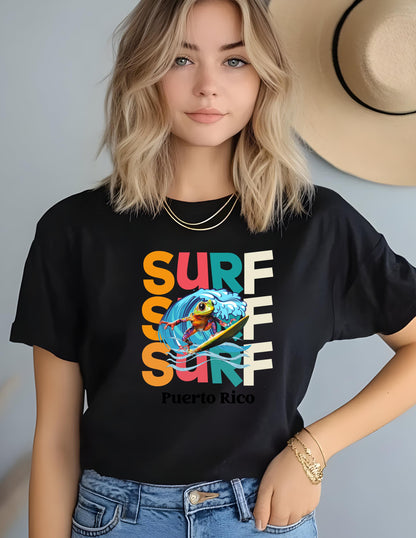 Surfing Coqui Frog T-shirt: Puerto Rico Island Vibes Valentines Day Gift