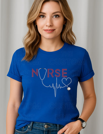 Rhinestone Nurse T-Shirt: Stethoscope Heartbeat Design