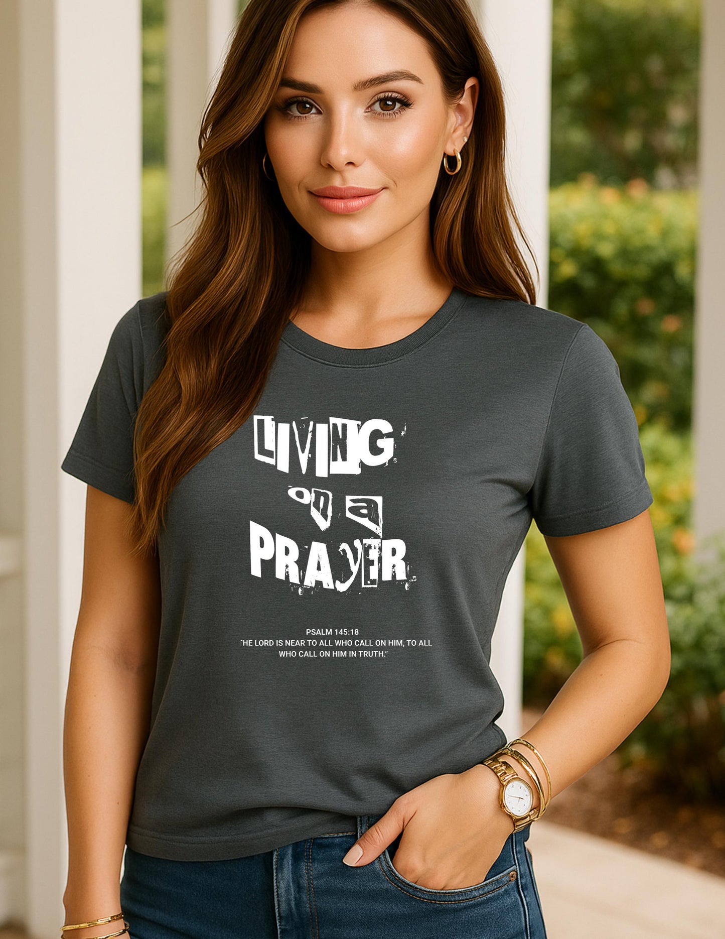 Living on a Prayer T-Shirt: Christian Rock Grunge Faith Tee, Psalm 145 Print