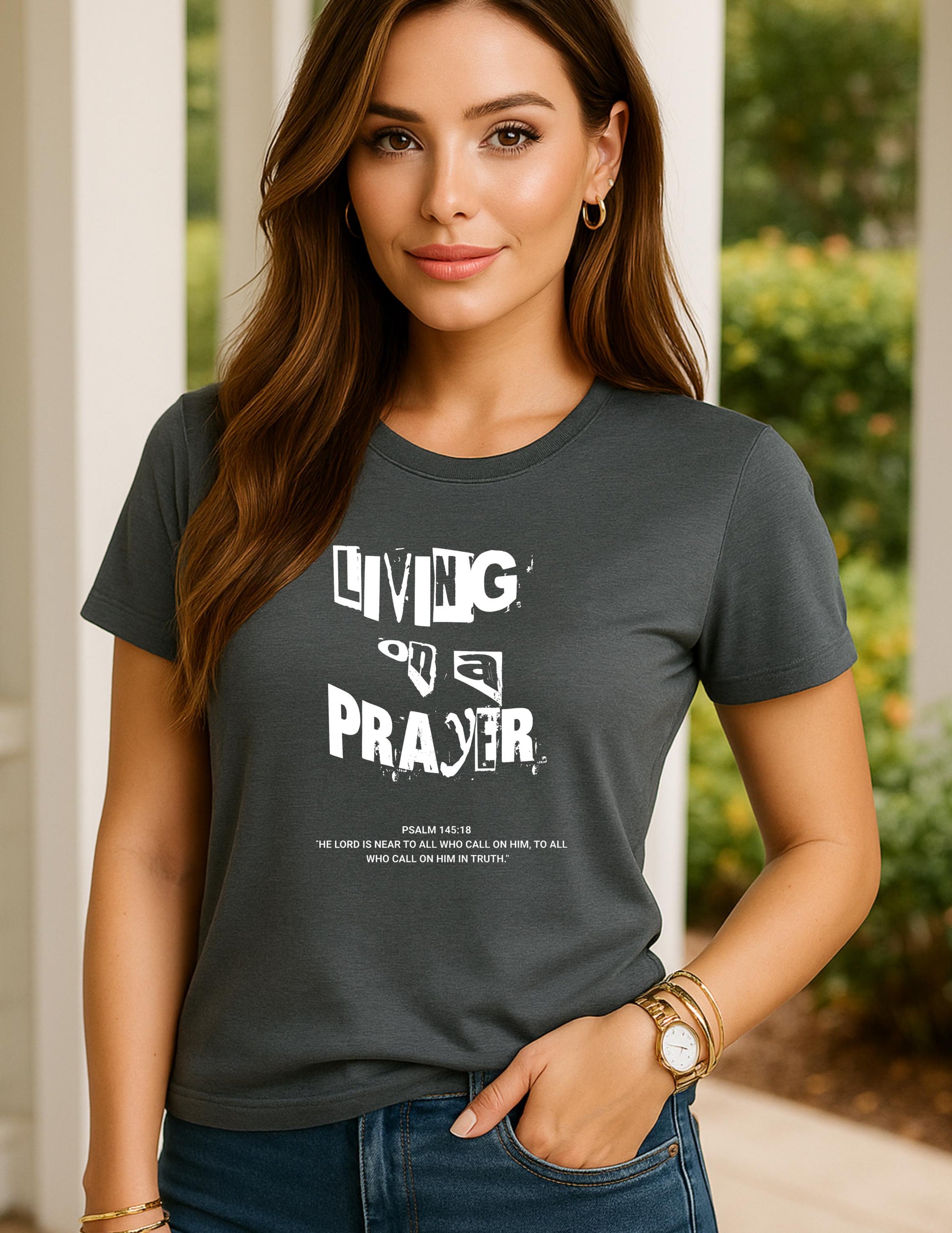 Living on a Prayer T-Shirt: Christian Rock Grunge Faith Tee, Psalm 145 Print