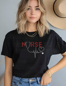Rhinestone Nurse T-Shirt: Stethoscope Heartbeat Design