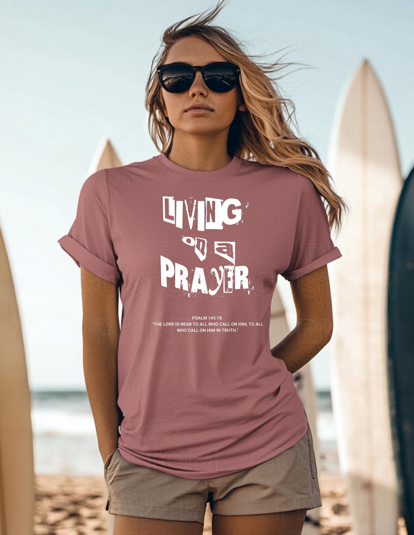 Living on a Prayer T-Shirt: Christian Rock Grunge Faith Tee, Psalm 145 Print