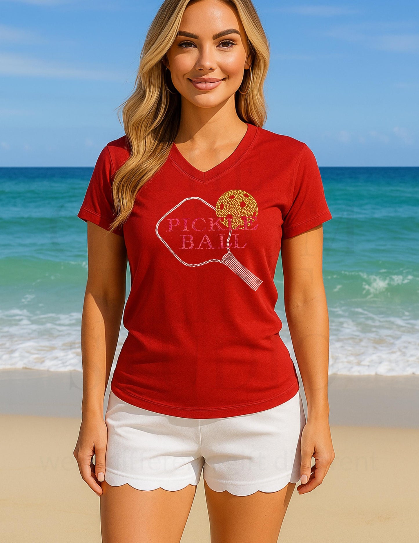 Rhinestone Pickleball Paddle Shirt: Red & Silver Bling Tee Gift for Her