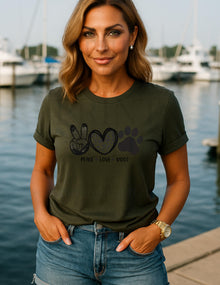 Peace Love Dogs Tee, Paw Print Heart Design (Multiple Colors & Sizes)
