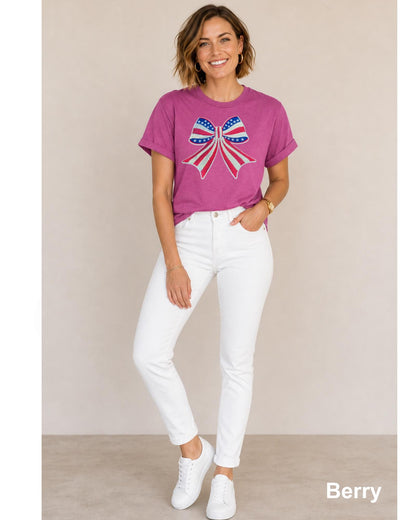 America 250 Celebration, USA Sequin Bow Shirt, Embroidered American Flag Coquette Tee, Patriotic 4th of July Shirt, Summer Tee