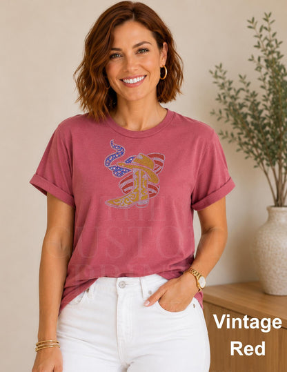 4th of July Rhinestones Shirt, 250th Anniversary 4th of July Tee, Patriotic Bling Shirt, Red White Blue USA, Cowboy Hat, Country Music Lover
