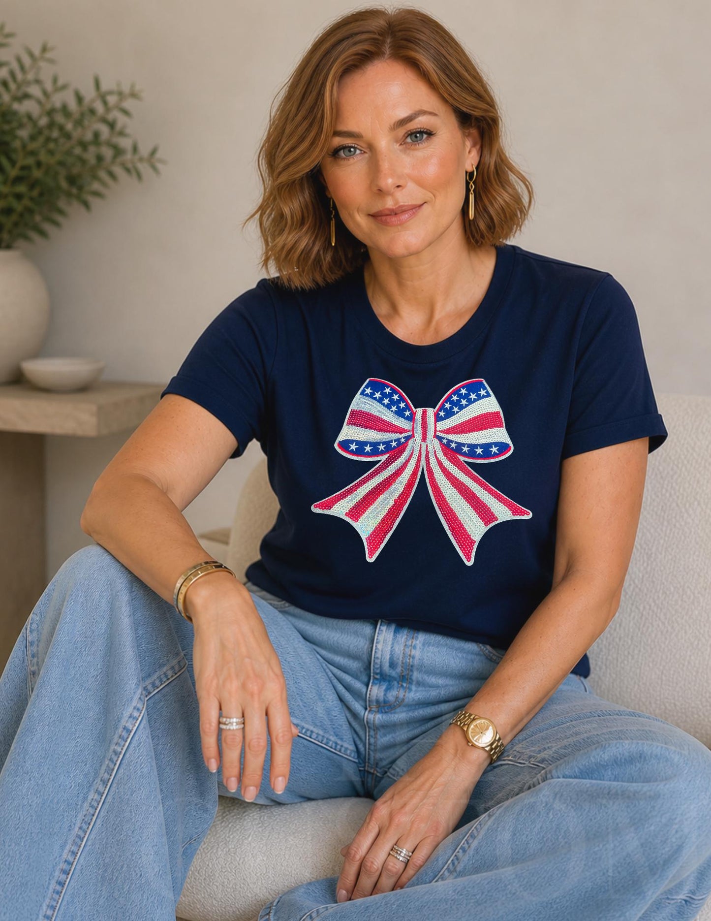 America 250 Celebration, USA Sequin Bow Shirt, Embroidered American Flag Coquette Tee, Patriotic 4th of July Shirt, Summer Tee