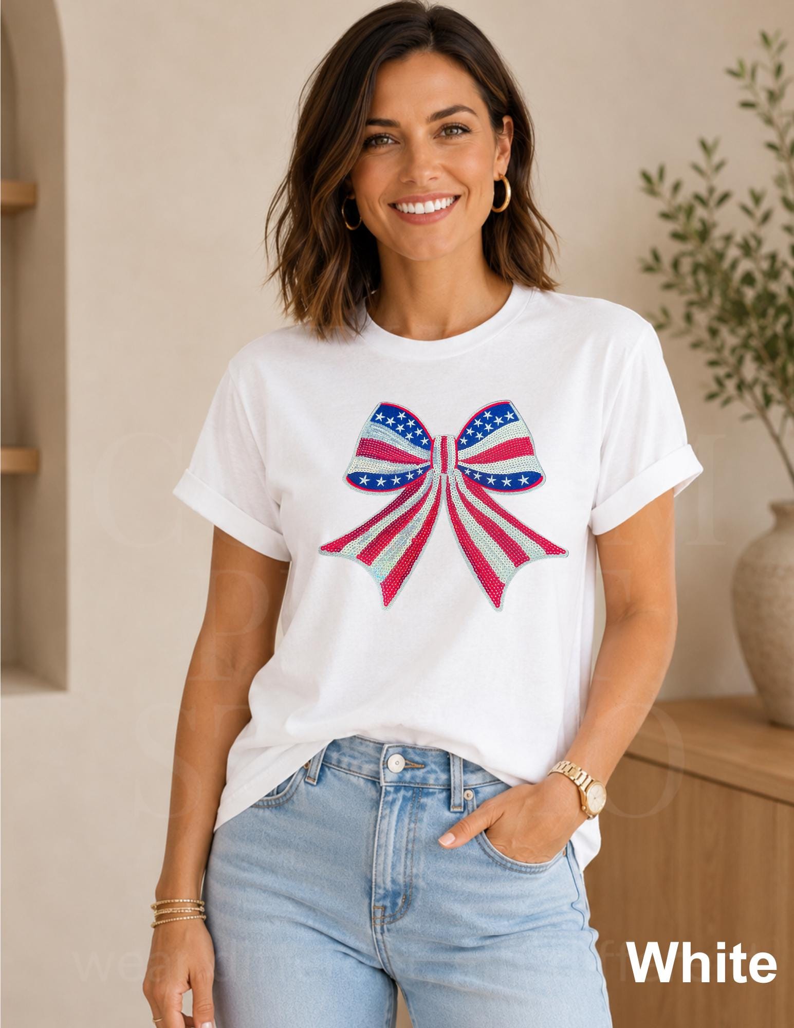 America 250 Celebration, USA Sequin Bow Shirt, Embroidered American Flag Coquette Tee, Patriotic 4th of July Shirt, Summer Tee