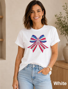 America 250 Celebration, USA Sequin Bow Shirt, Embroidered American Flag Coquette Tee, Patriotic 4th of July Shirt, Summer Tee