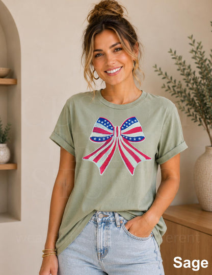 America 250 Celebration, USA Sequin Bow Shirt, Embroidered American Flag Coquette Tee, Patriotic 4th of July Shirt, Summer Tee