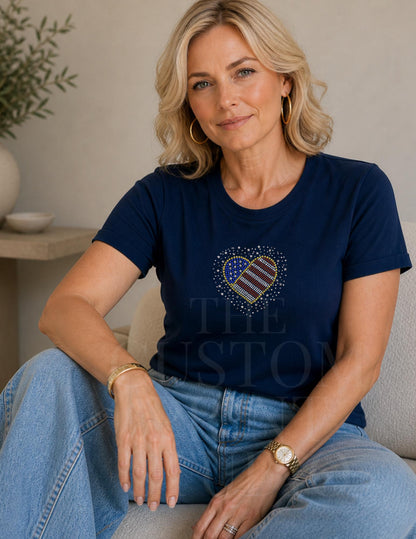 Patriotic Rhinestone Heart Shirt, USA Flag Tee, America 250 Shirt, 4th of July Outfit, Country Concert Tee, Heart USA