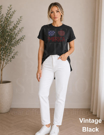 MERICA Sunglasses Shirt | American Flag Rhinestone Tee | Patriotic 4th of July Shirt | Country Concert BBQ Outfit | 250th Celebration USA