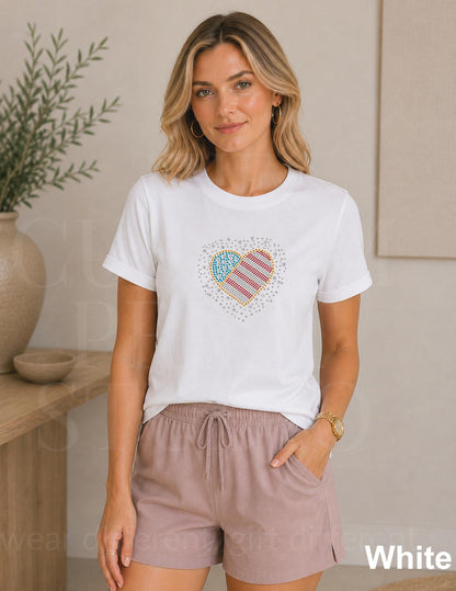 Patriotic Rhinestone Heart Shirt, USA Flag Tee, America 250 Shirt, 4th of July Outfit, Country Concert Tee, Heart USA