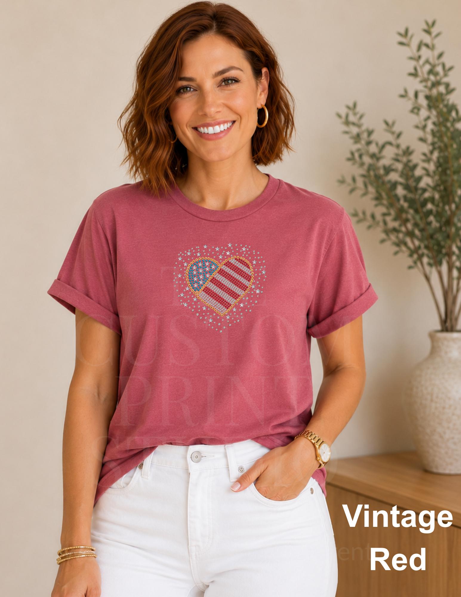 Patriotic Rhinestone Heart Shirt, USA Flag Tee, America 250 Shirt, 4th of July Outfit, Country Concert Tee, Heart USA