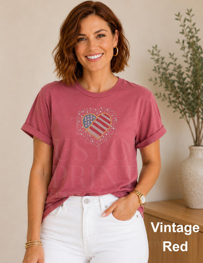 Patriotic Rhinestone Heart Shirt, USA Flag Tee, America 250 Shirt, 4th of July Outfit, Country Concert Tee, Heart USA