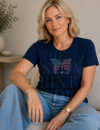 USA Flag Butterfly Rhinestone Shirt, Patriotic Sparkle Tee, 4th of July Shirt, Memorial Day Top, American Pride Tee