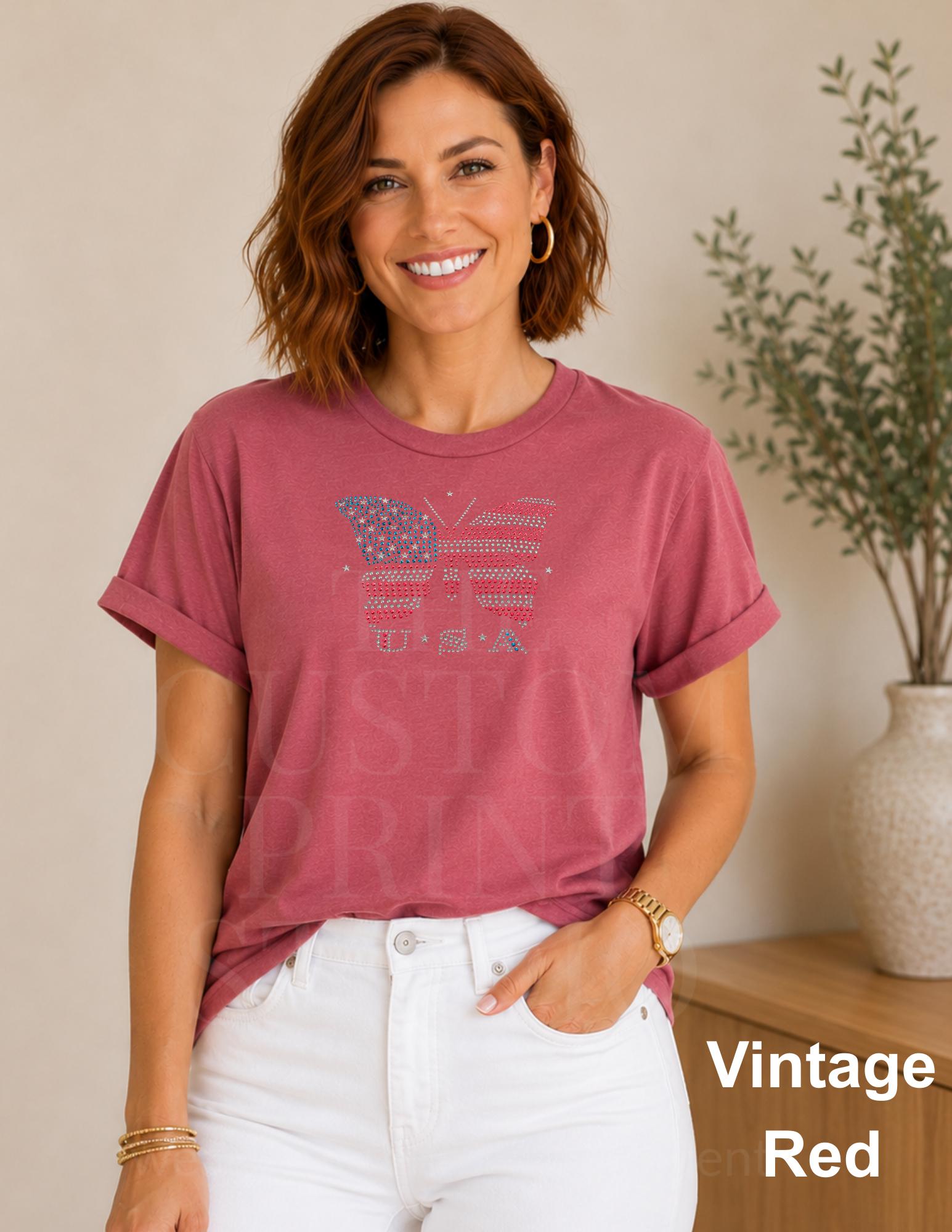 USA Flag Butterfly Rhinestone Shirt, Patriotic Sparkle Tee, 4th of July Shirt, Memorial Day Top, American Pride Tee