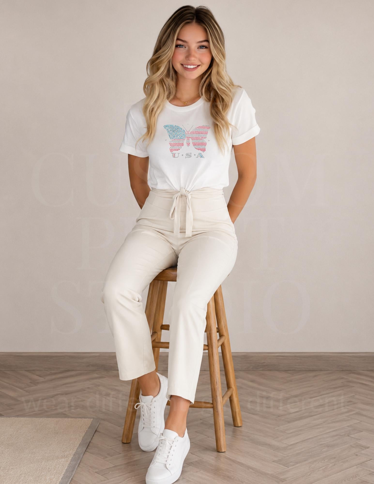 USA Flag Butterfly Rhinestone Shirt, Patriotic Sparkle Tee, 4th of July Shirt, Memorial Day Top, American Pride Tee