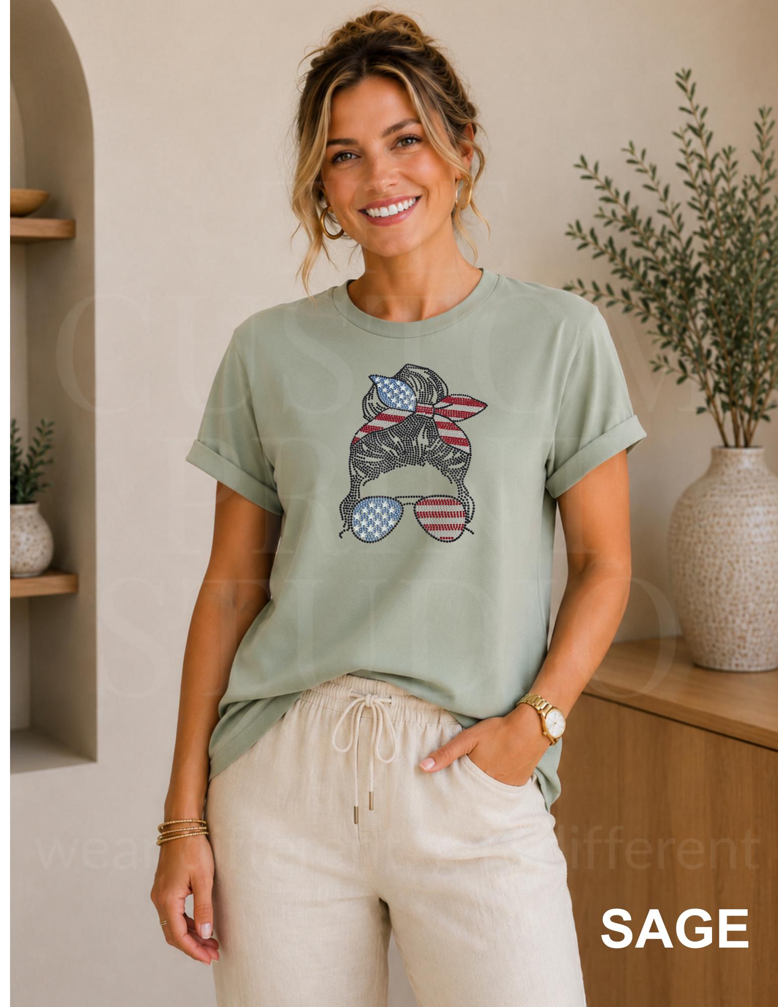 Patriotic Messy Bun Rhinestone Shirt, USA Flag Sparkle Tee, 4th of July Shirt for Women, American Pride Gift