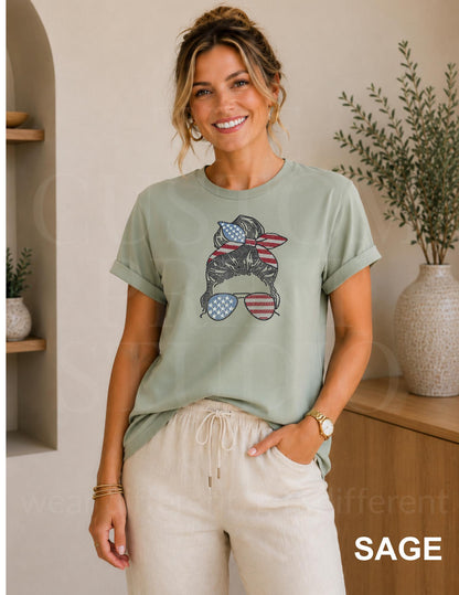 Patriotic Messy Bun Rhinestone Shirt, USA Flag Sparkle Tee, 4th of July Shirt for Women, American Pride Gift