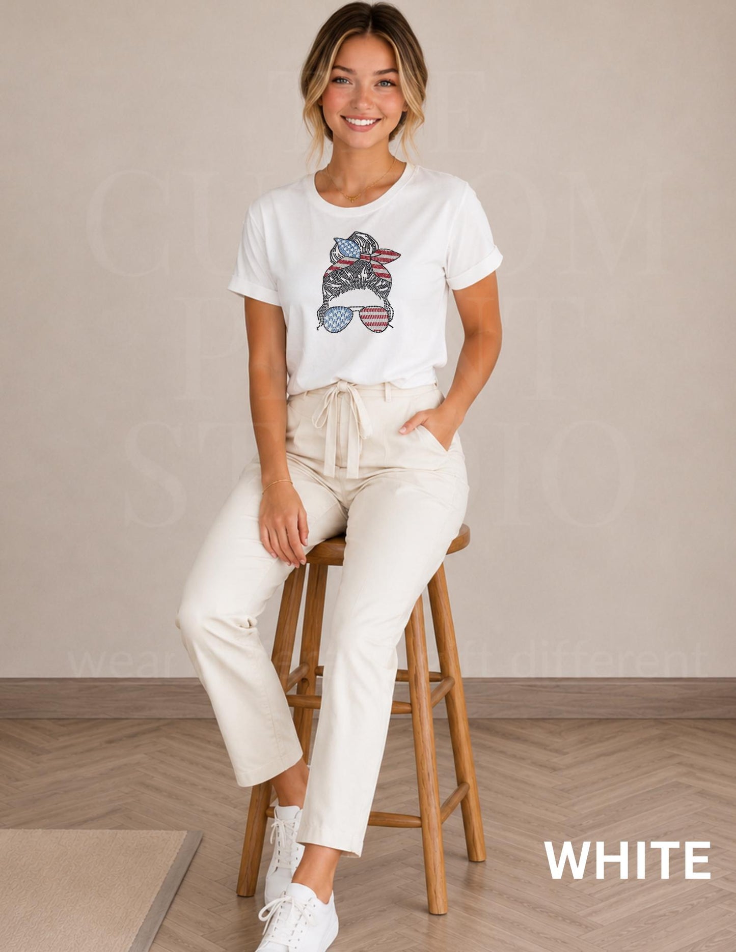 Patriotic Messy Bun Rhinestone Shirt, USA Flag Sparkle Tee, 4th of July Shirt for Women, American Pride Gift