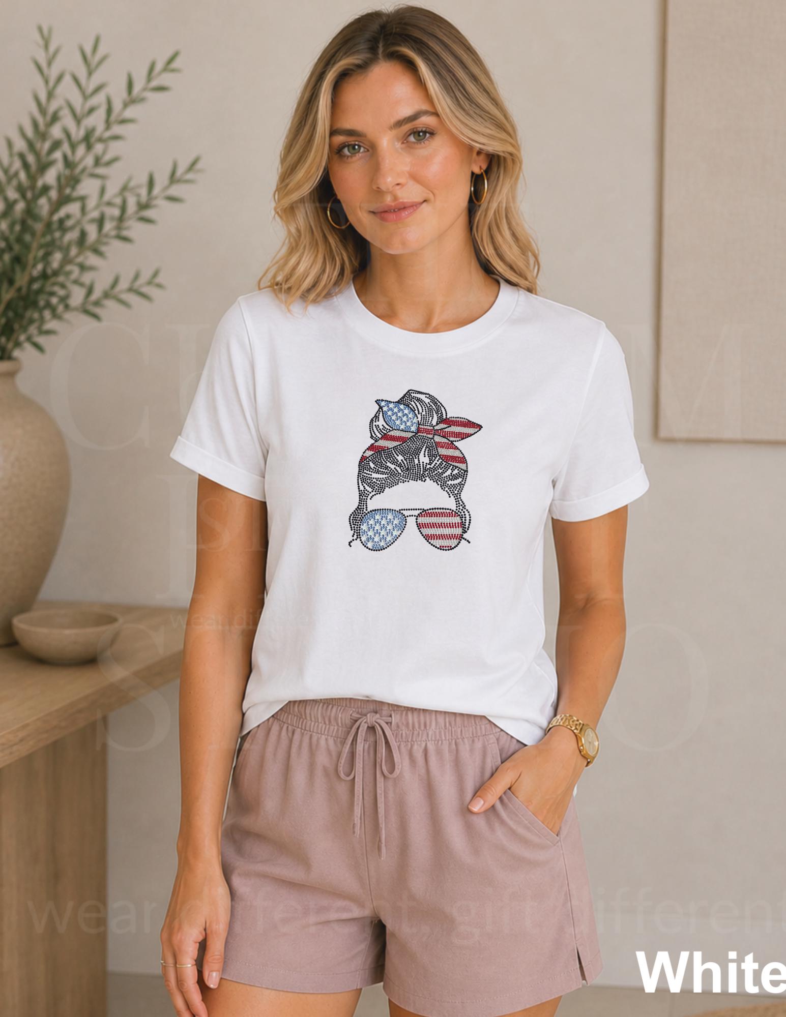 Patriotic Messy Bun Rhinestone Shirt, USA Flag Sparkle Tee, 4th of July Shirt for Women, American Pride Gift