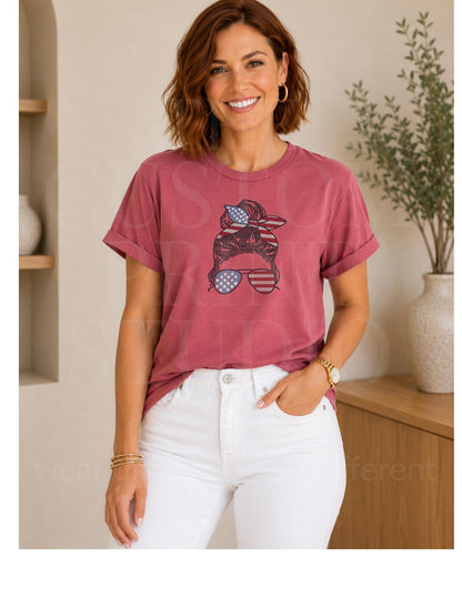 Patriotic Messy Bun Rhinestone Shirt, USA Flag Sparkle Tee, 4th of July Shirt for Women, American Pride Gift