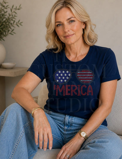 MERICA Sunglasses Shirt | American Flag Rhinestone Tee | Patriotic 4th of July Shirt | Country Concert BBQ Outfit | 250th Celebration USA