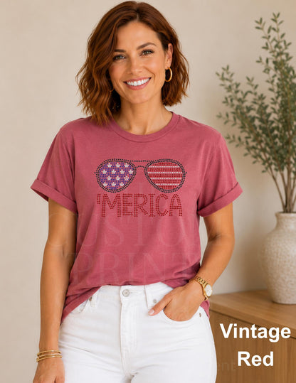 MERICA Sunglasses Shirt | American Flag Rhinestone Tee | Patriotic 4th of July Shirt | Country Concert BBQ Outfit | 250th Celebration USA